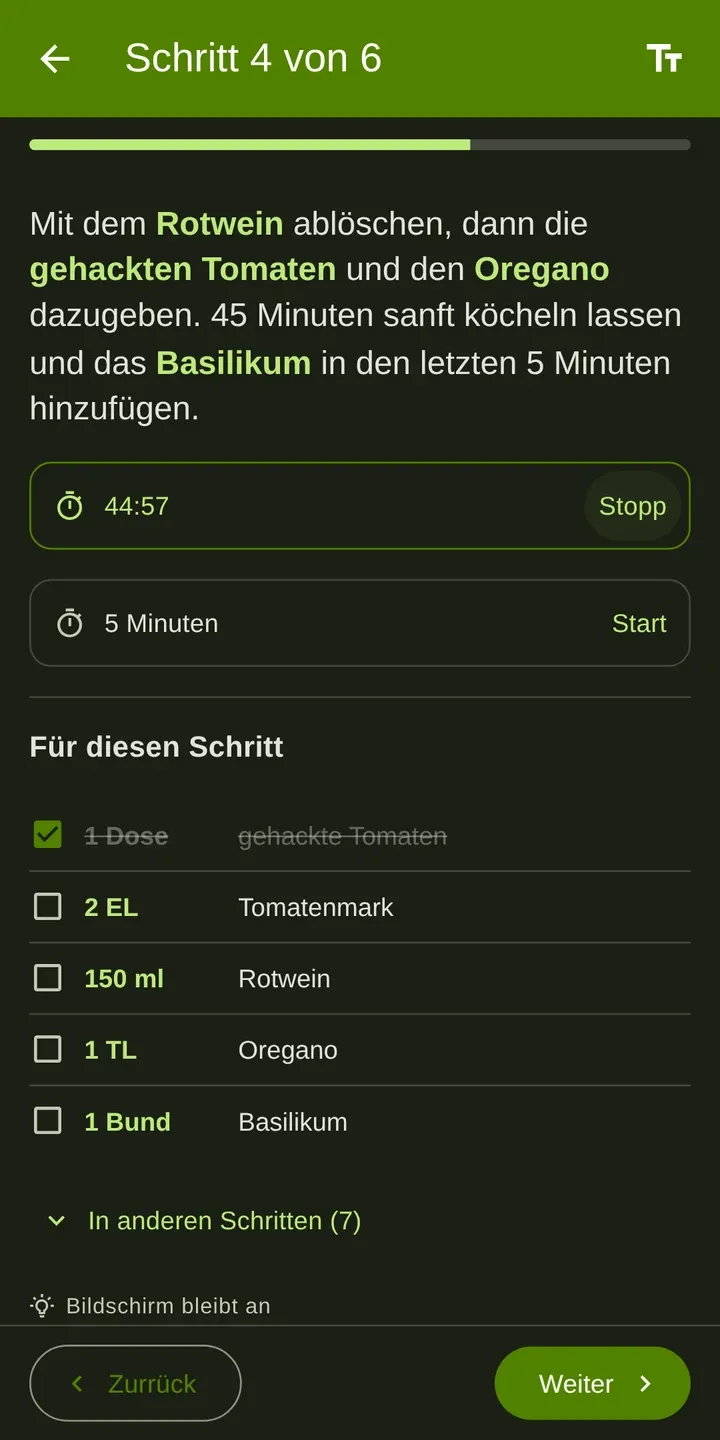 CookPal: Geführtes Kochen mit Zutaten und Timer für den aktuellen Schritt