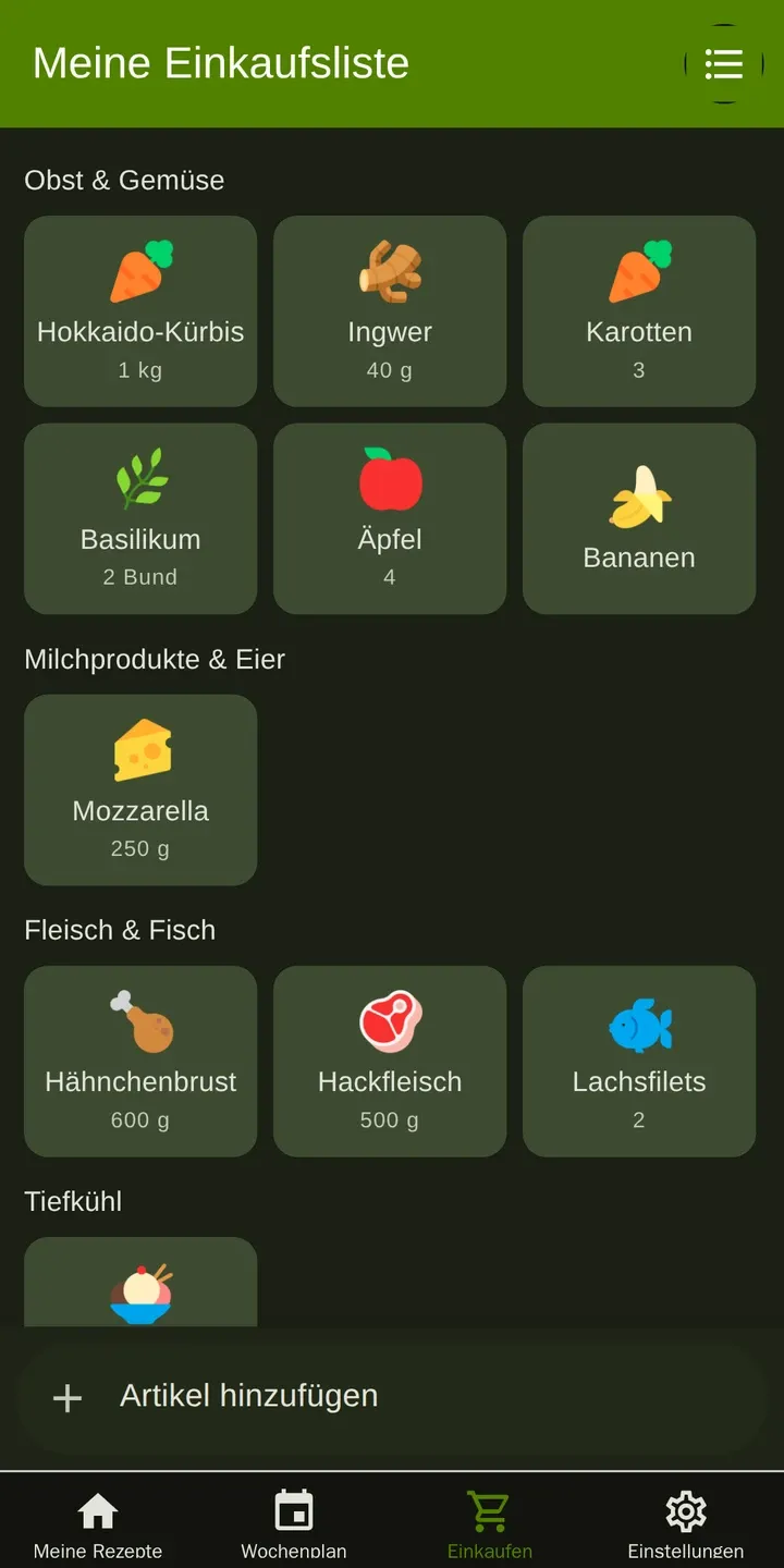 CookPal: Einkaufsliste nach Supermarkt-Abteilungen