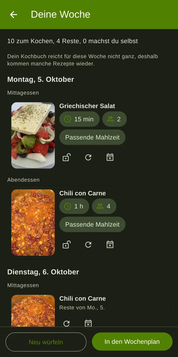 CookPal: Vorschlag für eine Woche mit Einstellungen zum Planen